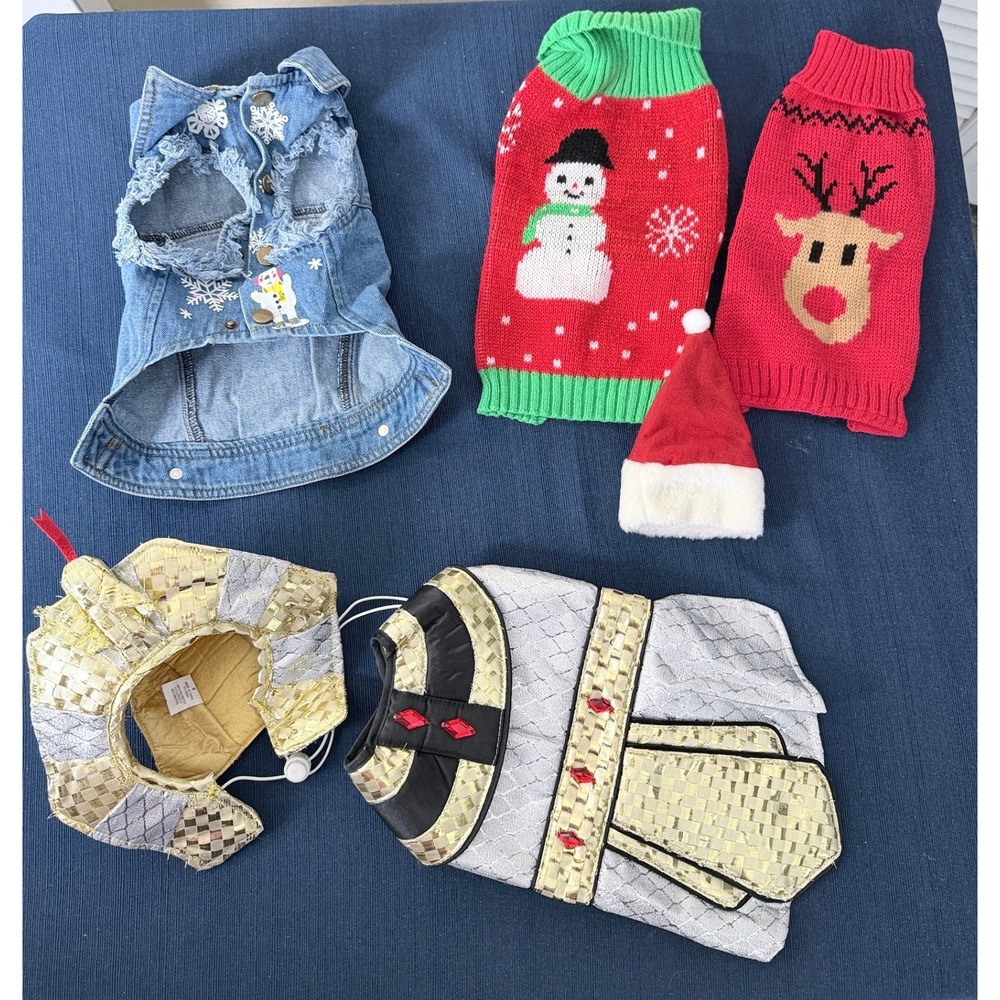 Pet Holiday Apparel Bundle Small Christmas Sweaters Denim Vest Costume
